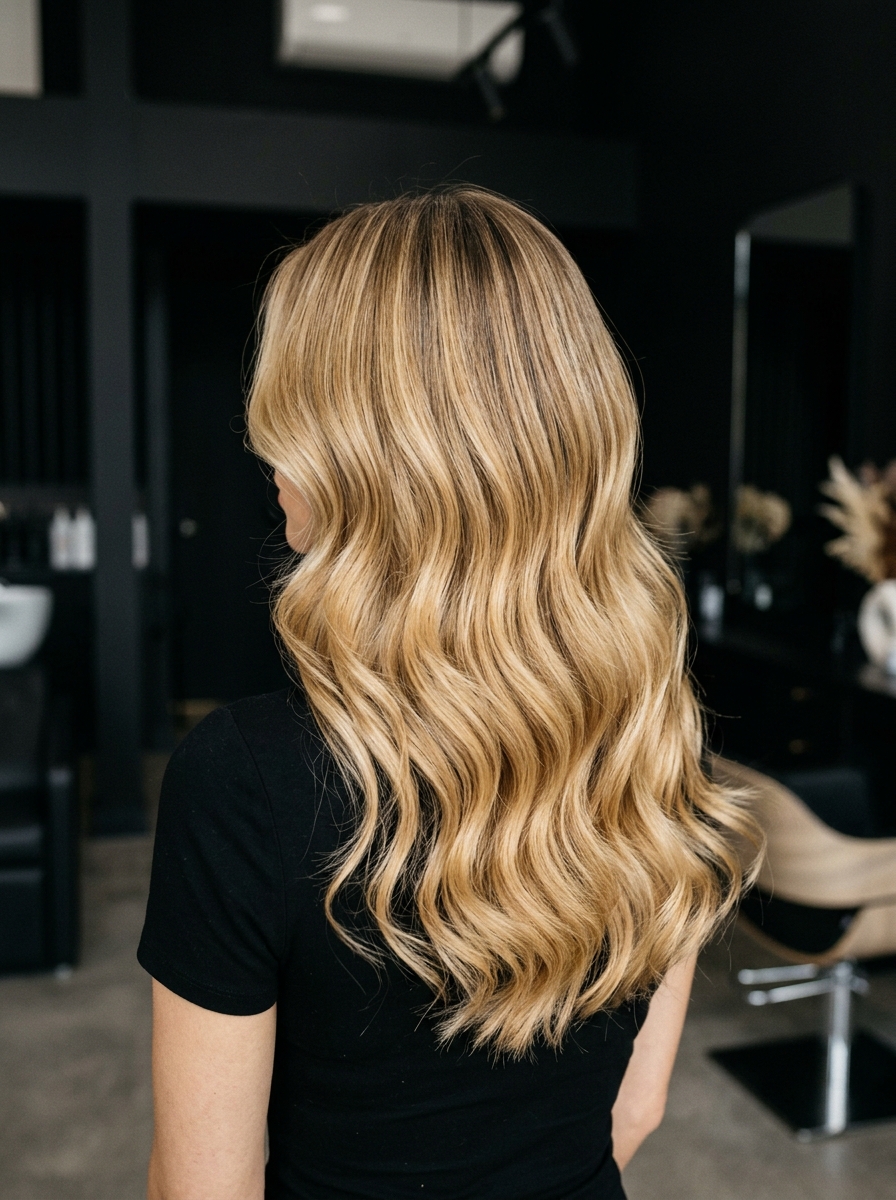Cabelo loiro com ondas perfeitas visto de costas em salão de luxo