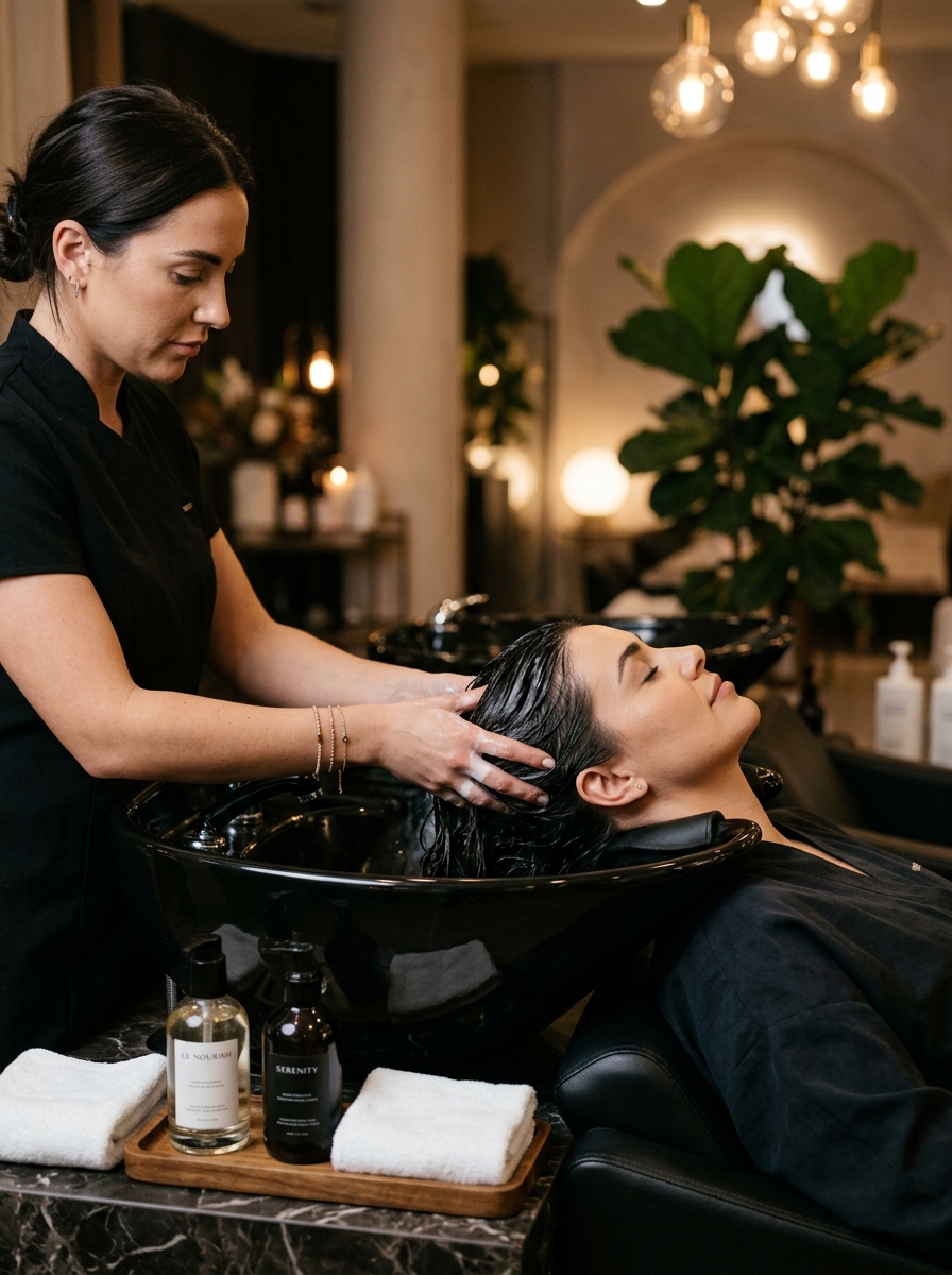 Ritual de lavatório e massagem capilar premium com produtos de alta performance