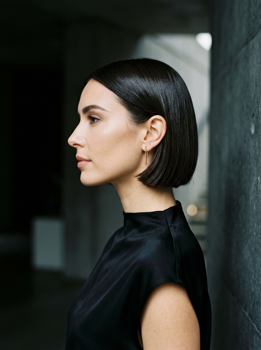 Corte french bob moderno de precisão com acabamento espelhado em morena