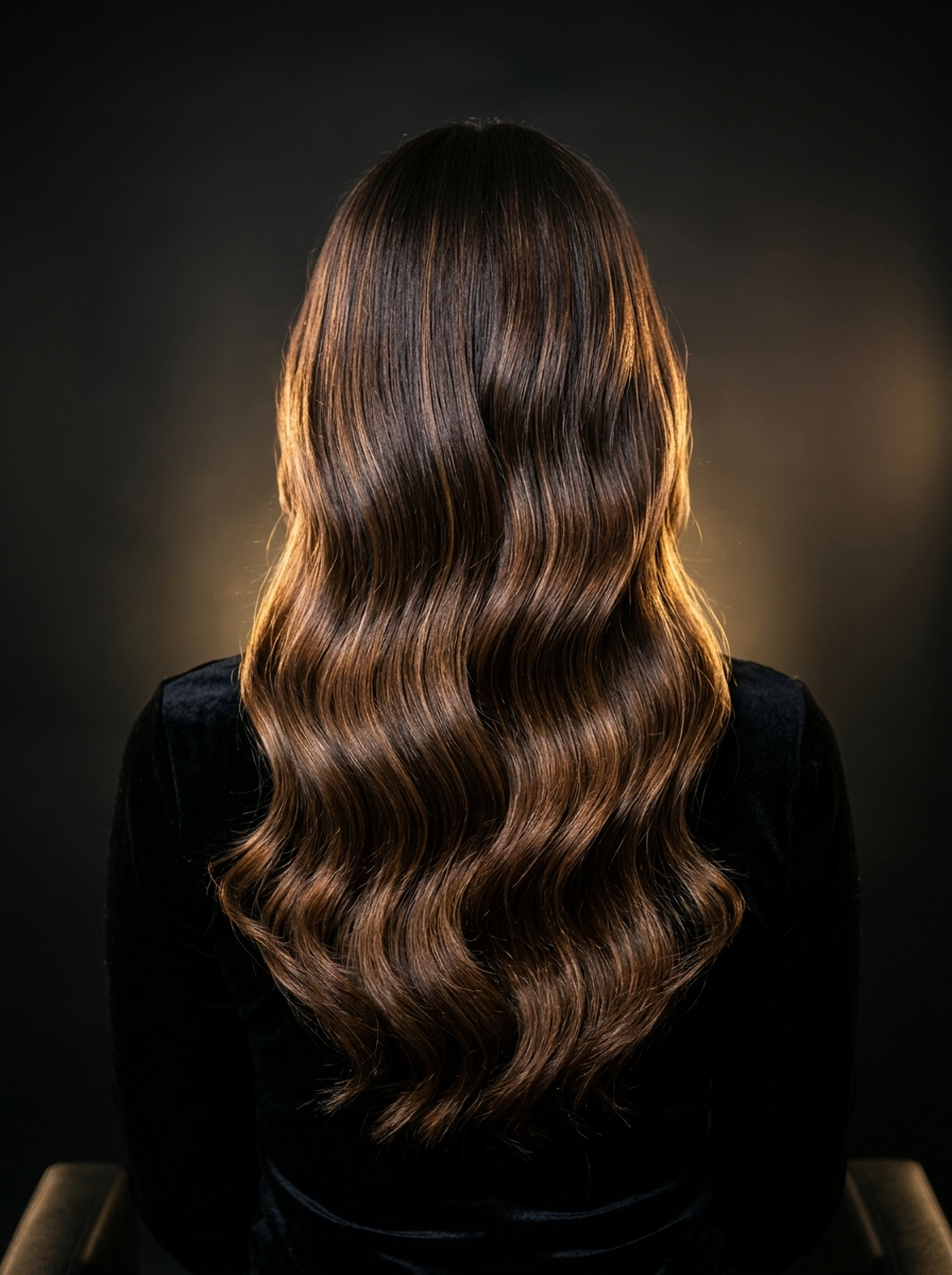 Ondas morena iluminada com reflexos avelã e acabamento de seda