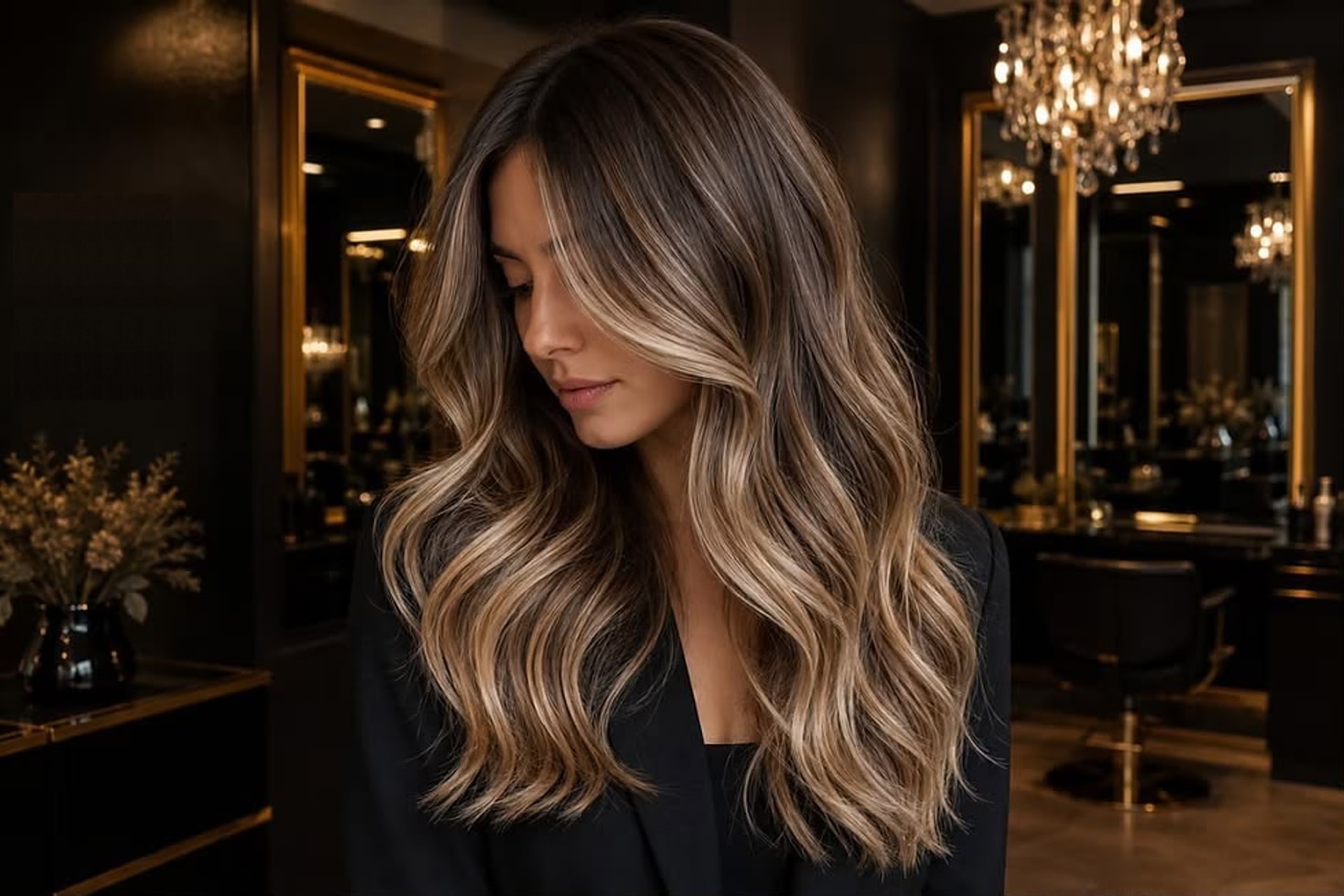 Modelo Bella Vita com ondas morena iluminada em tom avelã e caramelo com acabamento editorial