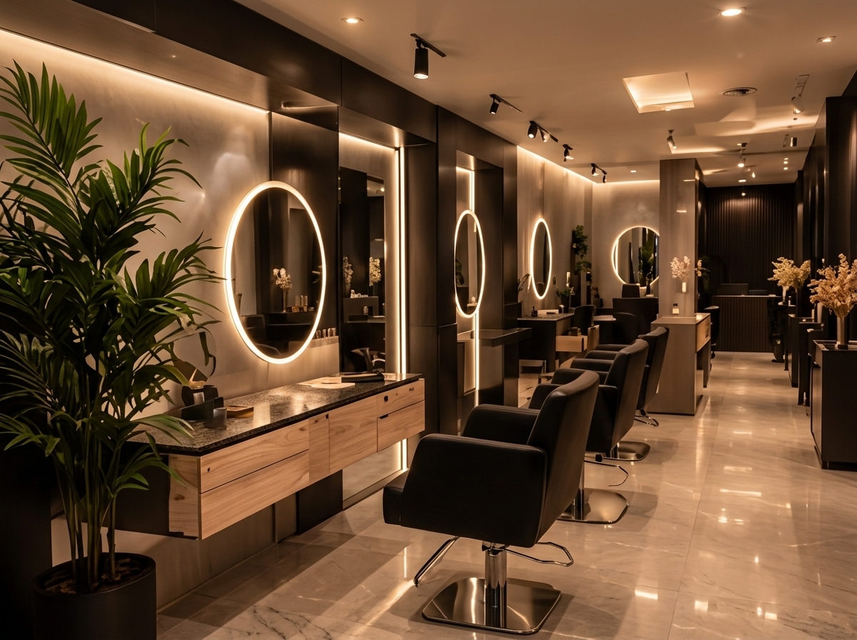 Ambiente interno do Bella Vita Hair Studio com espelhos circulares iluminados e poltronas modernas